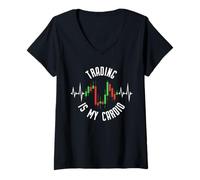 Donna Il Trading è Il Mio Cardio Crypto Trader Heartbeat ECG Pulse Line Maglietta con Collo a V
