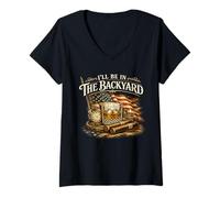 Donna I'll Be in The Backyard Sigaro e Bourbon Vintage USA Flag Maglietta con Collo a V