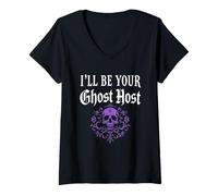 Donna I'll Be Your Ghost Host Creepy Skull Halloween Vibe Maglietta con Collo a V