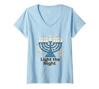 Donna Illumina la Notte Hanukkah Menorah Design Maglietta con Collo a V
