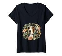 Donna Illustrazione botanica stravagante di Basset Hound Dog Maglietta con Collo a V