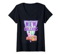 Donna Illustrazione Città Tram Pennant New Orleans Maglietta con Collo a V