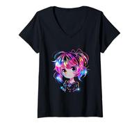 Donna Illustrazione Colorata Ragazza Anime | Stile Chibi Maglietta con Collo a V