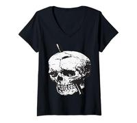 Donna Illustrazione del Cranio Bianco e Nero con Il Vettore di Ferro di Tamping Maglietta con Collo a V