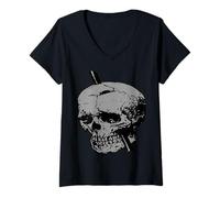 Donna Illustrazione del Cranio con Il Grigio di Vettore del Ferro di Tamp Maglietta con Collo a V