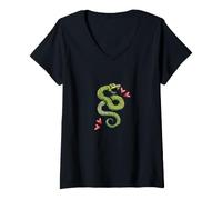 Donna Illustrazione del Serpente Che Colpisce Il Tatuaggio del Serpente Che sibila Verde Maglietta con Collo a V
