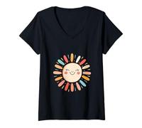 Donna Illustrazione del Sole Kawaii per Bambini Maglietta con Collo a V