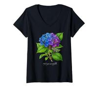 Donna Illustrazione della pianta dell'ortensia Hydrangea macrophylla Maglietta con Collo a V