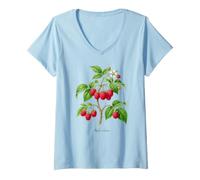 Donna Illustrazione della pianta di Lampone Rubus idaeus Maglietta con Collo a V