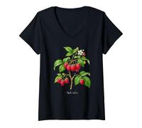 Donna Illustrazione della pianta di Lampone Rubus idaeus Maglietta con Collo a V