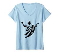Donna Illustrazione di Gesù Cristo Ombra con Braccia Aperte Maglietta con Collo a V