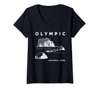 Donna Illustrazione disegnata a mano di arte del parco nazionale olimpico di Washington Maglietta con Collo a V