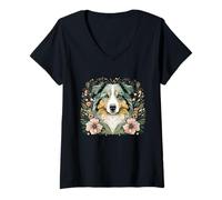 Donna Illustrazione floreale stravagante del cane da pastore australiano Maglietta con Collo a V