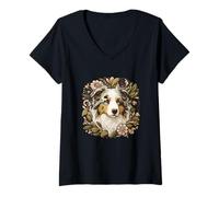 Donna Illustrazione floreale stravagante del cane da pastore australiano Maglietta con Collo a V