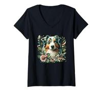 Donna Illustrazione floreale stravagante del cane da pastore australiano Maglietta con Collo a V