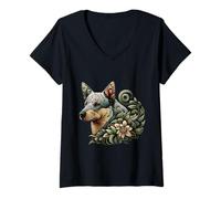 Donna Illustrazione floreale stravagante del cane del bestiame australiano Maglietta con Collo a V