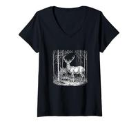 Donna Illustrazione fotografica della natura della fauna selvatica del cervo nero Maglietta con Collo a V