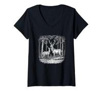Donna Illustrazione fotografica della natura della fauna selvatica del cervo nero Maglietta con Collo a V