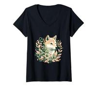 Donna Illustrazione ispirata alla natura botanica del cane Shiba Inu Maglietta con Collo a V