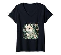 Donna Illustrazione ispirata alla natura botanica del cane Shiba Inu Maglietta con Collo a V