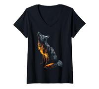 Donna Illustrazione Motivo Stampa Animale Testo Foresta Volpe Maglietta con Collo a V