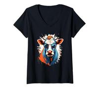 Donna Illustrazione Mucca con Occhiali Splash Art Maglietta con Collo a V