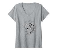 Donna Illustrazione Pesce Koi Yin Yang Maglietta con Collo a V