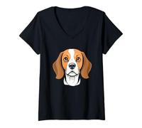 Donna Illustrazione Testa di Beagle in Stile Cartoon Maglietta con Collo a V