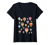 Donna Illustrazione variopinta della Mongolfiera Che vola Attraverso Il Cielo Maglietta con Collo a V