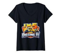 Donna I'm 5 And Digging It Boys Camion da Costruzione per Il 5 ° Compleanno Maglietta con Collo a V