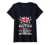 Donna I'm a British Girl British Face UK Flag Maglietta con Collo a V