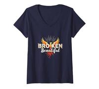 Donna Im Broken: da Rotto a Bella Phoenix Rising Art Maglietta con Collo a V, Navy, L