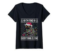 Donna I'm fine everything is fine black cat Christmas brutto maglione Maglietta con Collo a V
