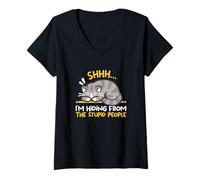 Donna I'm Hiding from The Stupid People Funny Cat Tee Maglietta con Collo a V