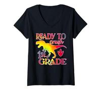 Donna I'm Ready To Crush 1st Grade Dinosaurs Back To School Maglietta con Collo a V