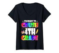 Donna I'm Ready To Crush 4th Grade Back To School Teacher Student Maglietta con Collo a V