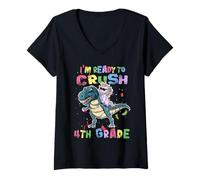 Donna I'm Ready To Crush 4th Grade Unicorn Dinosaur Back to School Maglietta con Collo a V