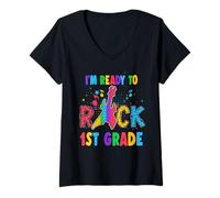 Donna I'm Ready To Rock 1st Grade Guitar Back To School Maglietta con Collo a V