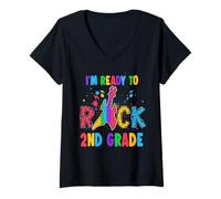 Donna I'm Ready To Rock 2nd Grade Guitar Back To School Maglietta con Collo a V