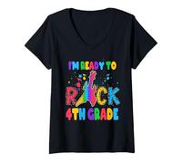 Donna I'm Ready To Rock 4th Grade Guitar Back To School Maglietta con Collo a V