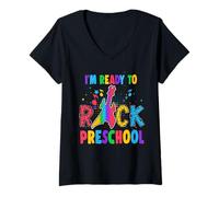 Donna I'm Ready To Rock Preschool Guitar Back To School Maglietta con Collo a V