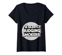 Donna I'm Silently Judging Smokers - Sigaretta Anti-Fumo Divertente Maglietta con Collo a V
