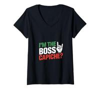 Donna I'm The Boss Capiche? Patriottica Bandiera Italia Orgoglio Maglietta con Collo a V