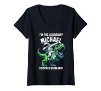 Donna I'm The Legendary Michael Divertente Astronauta Dinosauro Cartoon Maglietta con Collo a V