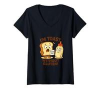 Donna I'm Toast Without Gluten - Funny Food Pun cartone animato Design Maglietta con Collo a V