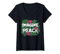 Donna Imagine Peace Floral Botanical Harmony Message Maglietta con Collo a V