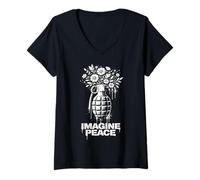 Donna Imagine Peace Grenade Flowers Harmony Message Maglietta con Collo a V