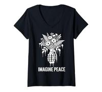 Donna Imagine Peace Grenade Flowers Harmony Message Maglietta con Collo a V