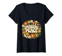 Donna Imagine Peace Retro Floral Mushrooms Design Maglietta con Collo a V
