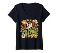 Donna Imagine Peace Retro Flowers Mushrooms Maglietta con Collo a V